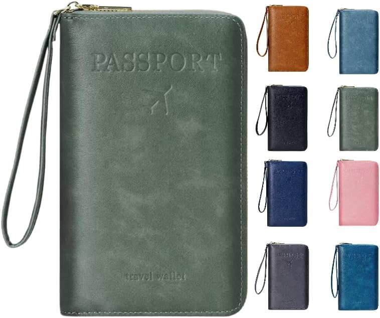 GLOLOOS Multi-Functional RFID Passport Wallet,Travel Wallet for Men & Women,With zipper, anti-theft passport holder，Slim Leather Cover for Credit Cards, Tickets, Cash (Green) - Image 1